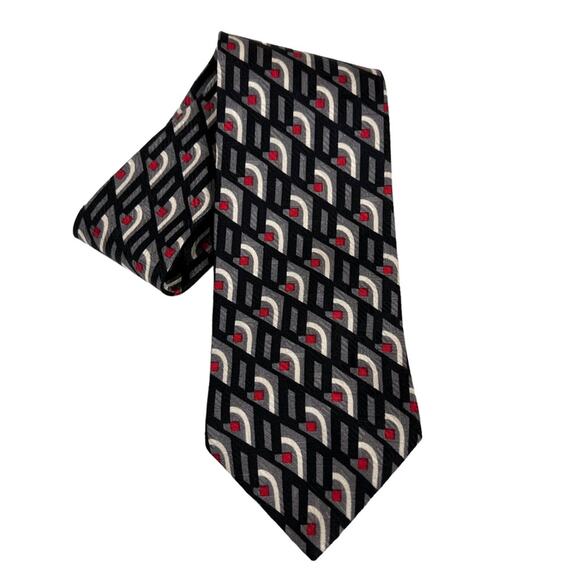 Vintage‎ Oscar de la Renta Silk Geometric Neck Tie Black Gray Red - Picture 1 of 6